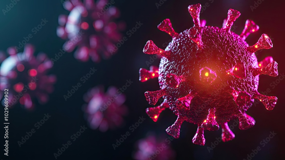 Poster 3d rendering of a virus model on a dark background, showing intricate details.
