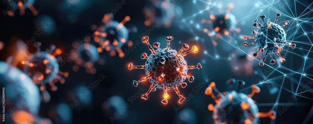 Poster close-up view of virus particles in a dark, abstract background.