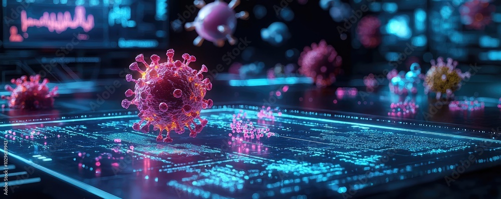 Poster colorful visualization of viruses on a digital interface, futuristic design.