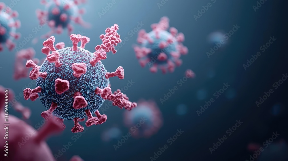Poster microscopic view of virus with detailed structure, dark background.