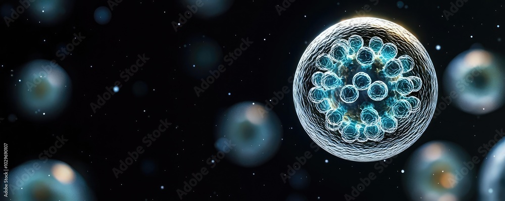 Poster Close-up of a cell with intricate details on a dark background.
