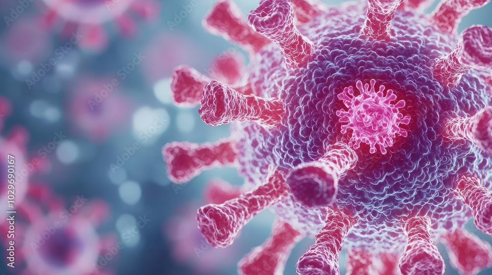Poster close-up view of a virus cell structure, vibrant colors on abstract background.