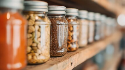 A neatly arranged collection of jars filled with diverse food ingredients sits on rustic wooden shelves, enhancing the kitchen's charm