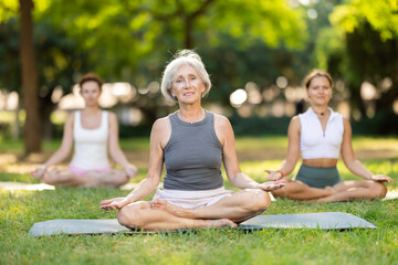 Happy slim mature woman making yoga meditation in lotus pose with group in light green park at...