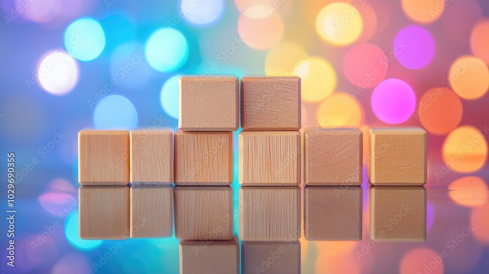 Aufkleber wooden blocks arranged with colorful bokeh background.