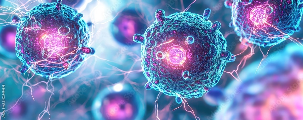 Poster colorful representation of cells with vibrant energy and dynamic structures.