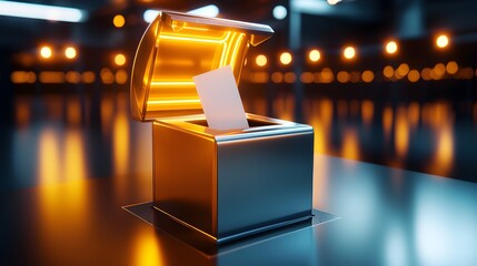 Detailed shot of a ballot paper being slipped into the slot of a wooden ballot box, the paper in focus, subtle lighting for an official atmosphere