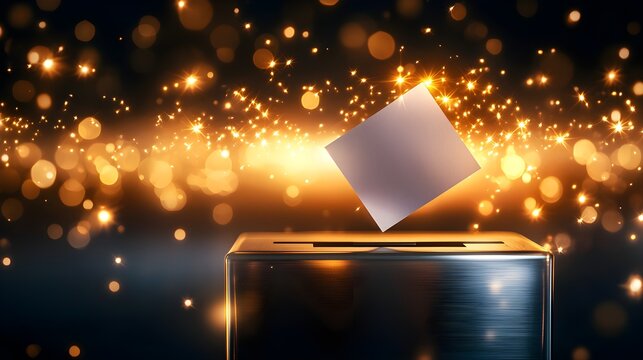 Detailed shot of a ballot paper being slipped into the slot of a wooden ballot box, the paper in focus, subtle lighting for an official atmosphere