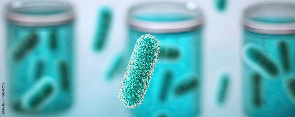 Poster Bacteria floating in green liquid with jars in the background, white isolate background