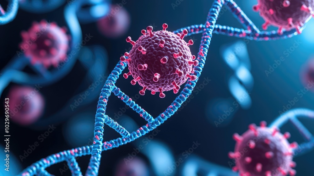 Poster detailed view of dna structure with virus particles, dark background.