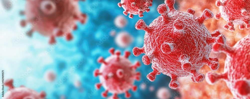 Aufkleber 3D rendering of virus particles on a colorful background.