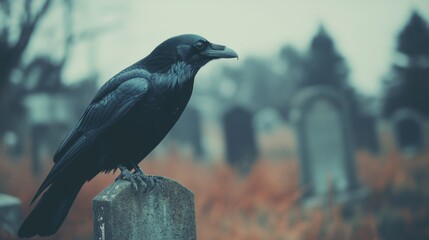 Naklejka premium A raven sits quietly on a gravestone in an eerie cemetery filled with mist and barren trees, evoking a sense of mystery and solitude