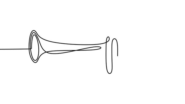 Continuous drawing line art of trumpet instrument with black line and white background. One line