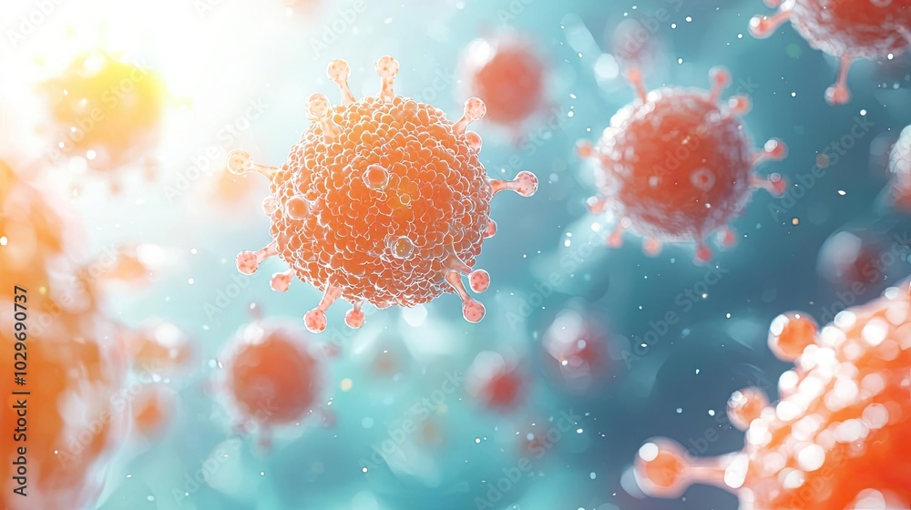 Poster microscopic view of virus particles on a blue background