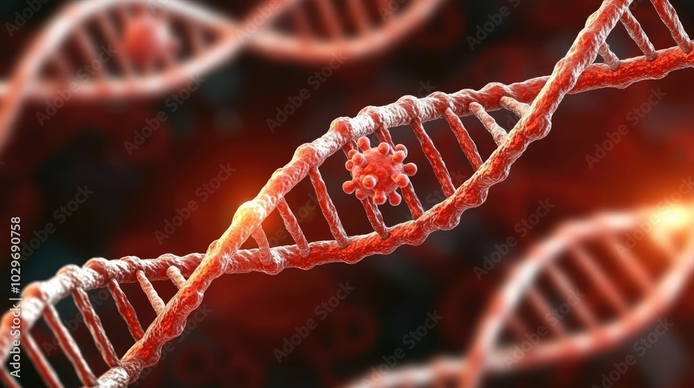 Poster close-up view of dna strands with virus representation on a dark background.