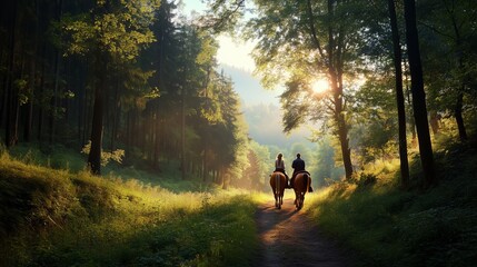 Two riders on horseback enjoying a serene path through lush trees at sunset in a tranquil forest setting