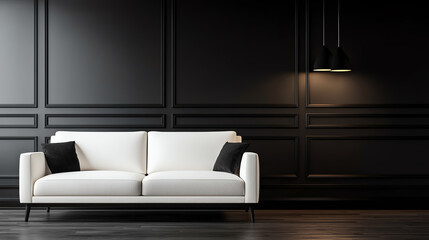 Modern white sofa against dark wall backdrop