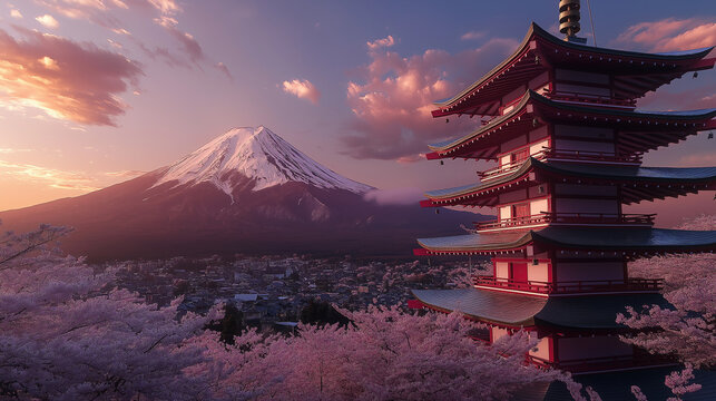 Beautiful Sunset at Mount Fuji with Chureito Pagoda and Cherry Blossoms in Fujiyoshida, Japan