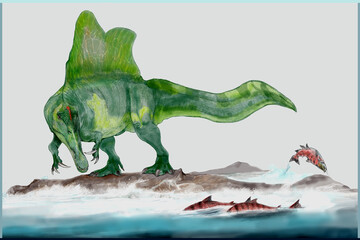 古代の鮭スパイクトゥサーモン（Oncorhynchus rastrosus）を狙うスピノサウルス