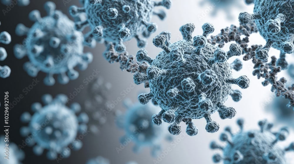 Poster microscopic view of virus particles on a neutral background.