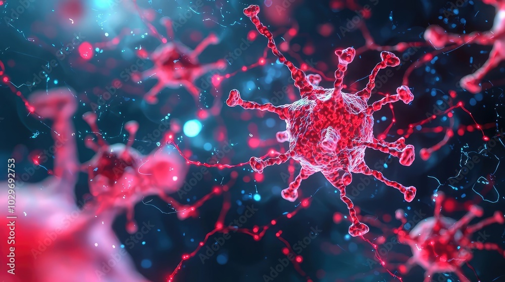 Poster Microscopic view of virus particles in a colorful abstract background.