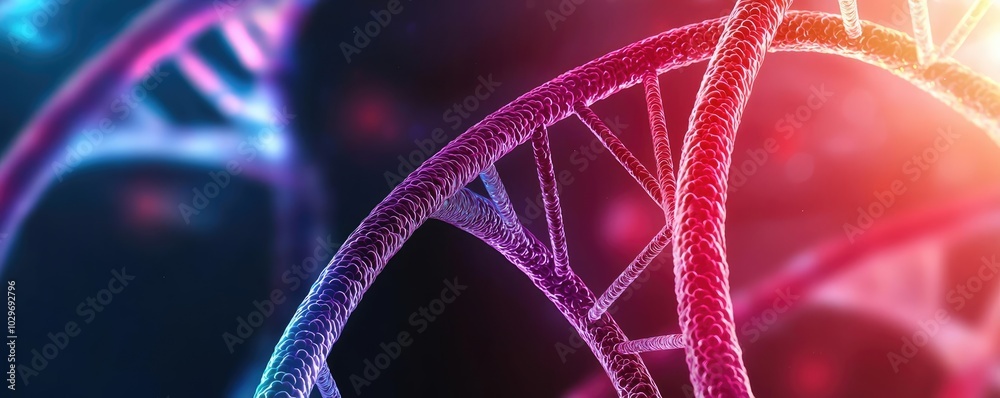 Poster Abstract DNA structure with colorful light effects on dark background.
