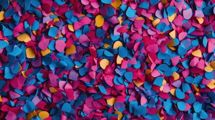 Vibrant confetti of pink, blue, and yellow cascades joyfully, enhancing the celebratory vibe of the occasion