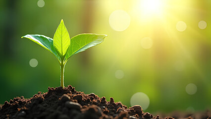 World Earth Day banner Young green plant growing at sunlight save clean planet ecology concept Environment