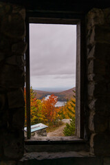 View From Owl's Head Mountain Stone Building Built by Civilian Corps in the 1930s in Groton State Forest. Autumn Landscape View.