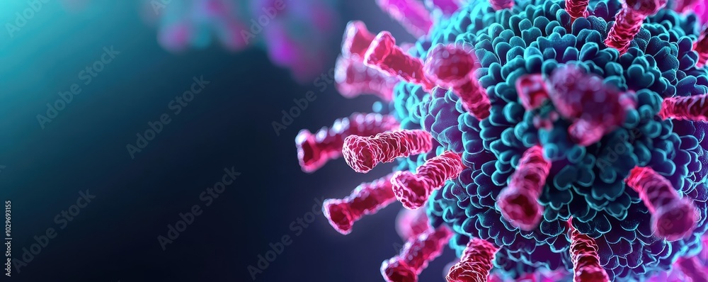 Poster Colorful close-up of a virus, showcasing intricate details and structures.