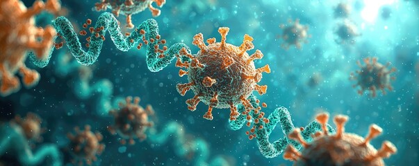 Naklejka premium Microscopic view of virus with DNA strands, science and health concept.