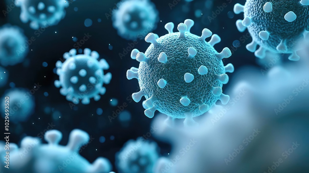 Poster microscopic view of virus particles on a dark background.