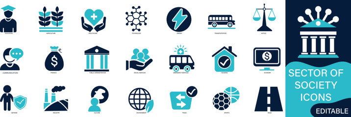 Sector of society icon set healthcare, energy, technology, icons collection.