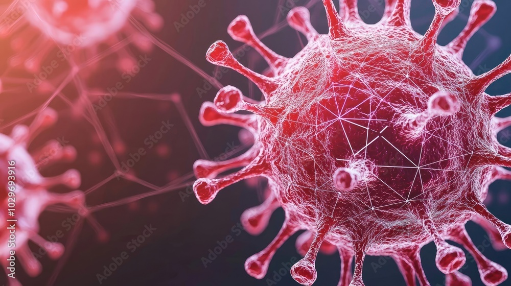 Poster Close-up view of a virus particle on a dark background, showing detailed structure.