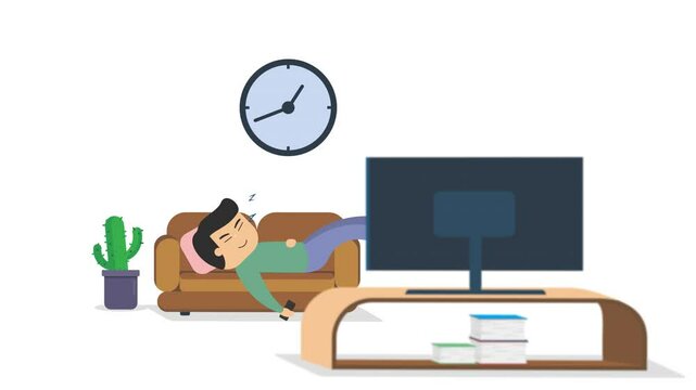 animated illustration of a man watching television until falling asleep on the sofa, Alpha Channel background setting