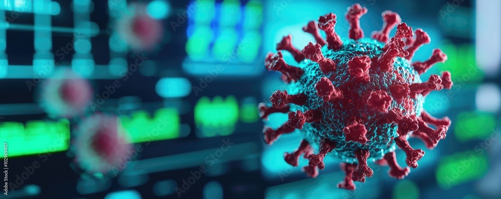 Poster 3d model of a coronavirus structure on a digital background.
