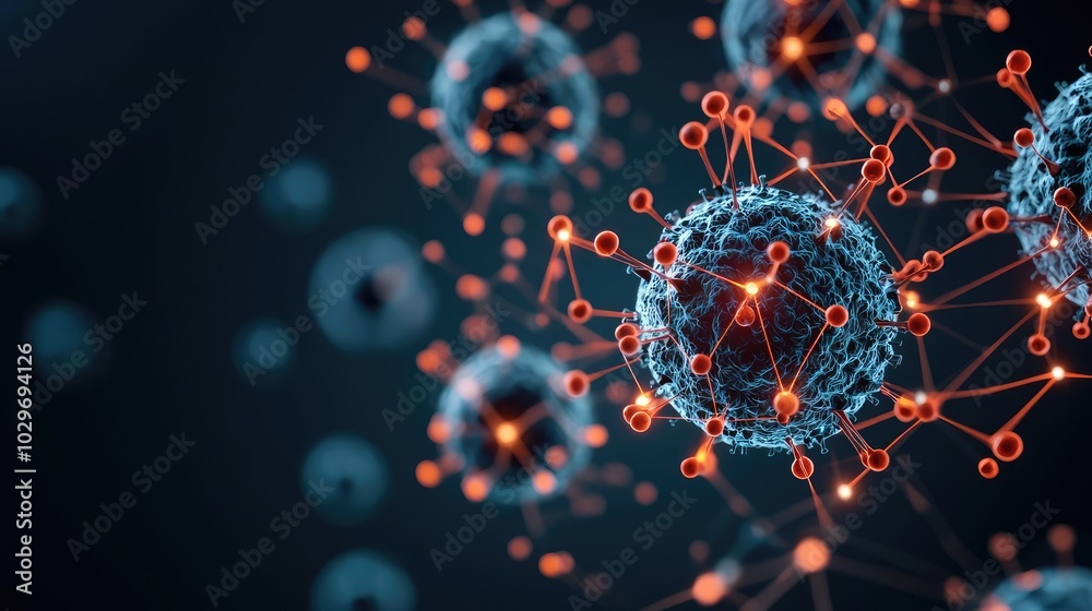 Aufkleber microscopic view of virus structure, interconnected cells on a dark background.