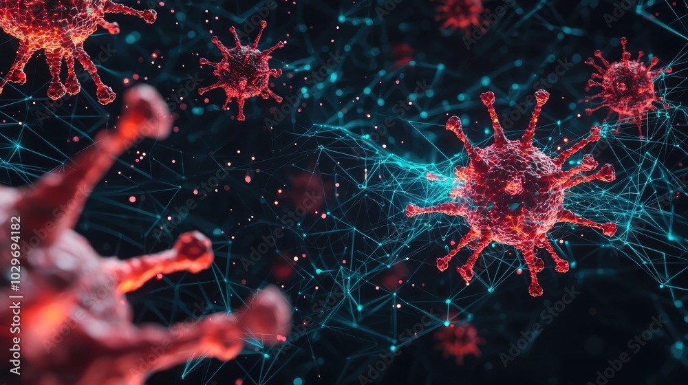 Poster Microscopic view of virus particles in a digital network, abstract science background.