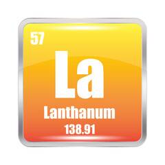 Lanthanum icon. La chemical element. Atomic number 57. Mass 138.91. Yellow square image.