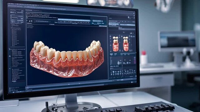 A computer screen in a dental office displays a 3D model of teeth