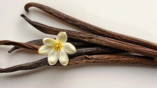 A single white flower rests atop a bundle of vanilla beans on a white background