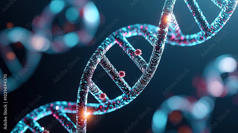 Poster Close-up of a DNA double helix with glowing particles on a dark background.