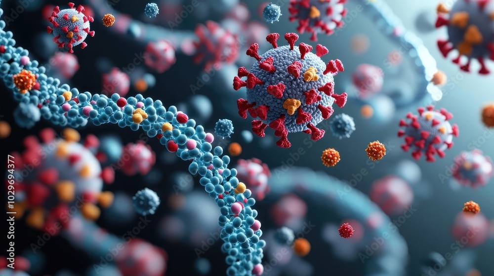 Poster 3d render of virus particles interacting with dna strands, high detail on dark background