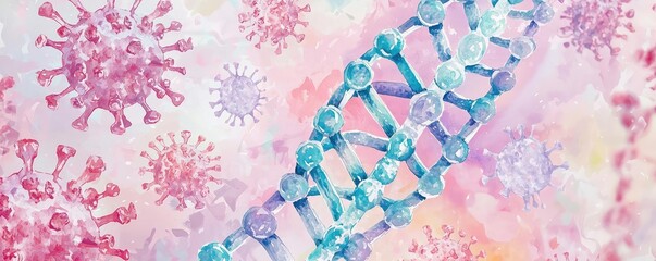 Colorful illustration of DNA and virus cells on a soft pastel background.