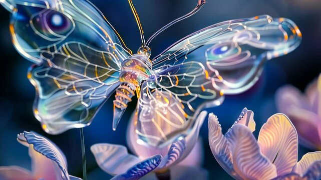 A clear glass butterfly rests on a purple flower, its wings catching the light