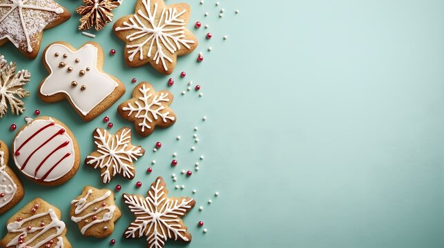 Flat lay of assorted Christmas cookies on green background, festive shapes, decorated with icing and sprinkles, space for text, minimal and bright holiday theme