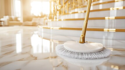Focus on mop strokes, maid cleaning winding stairs in an elegant mansion, mop on elegant stairs, precision in cleaning