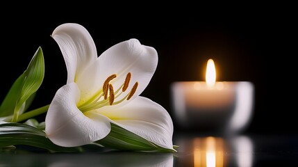 Fototapeta premium Gentle lily and candlelight on a dark backdrop, room for text, quiet funeral scene, serene and respectful