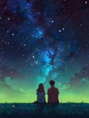 A couple sits facing a night sky filled with stars and shooting stars