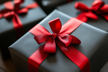 black gift boxes elegantly tied with a red ribbon